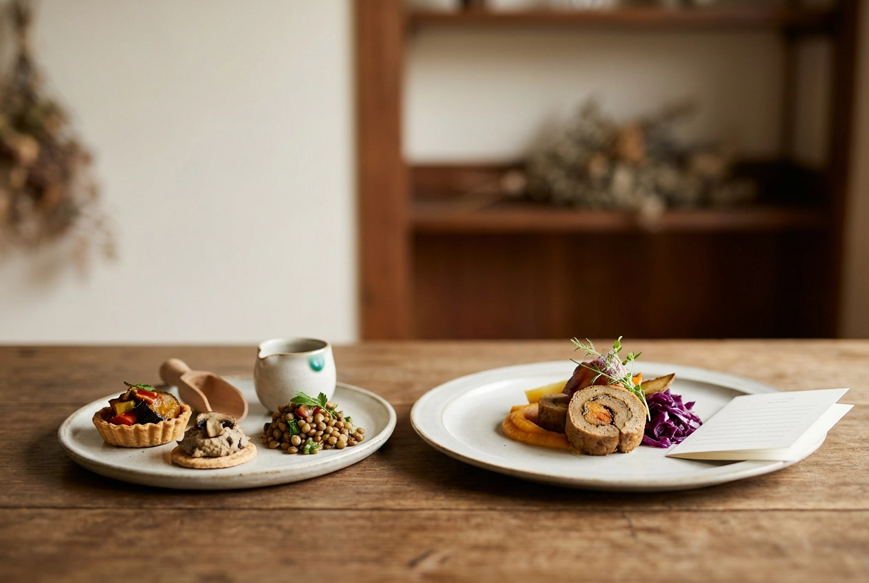 Professional header image for comparison analysis: Veganes Hochzeitsbuffet vs. Menü: Welche Cateringform pas...