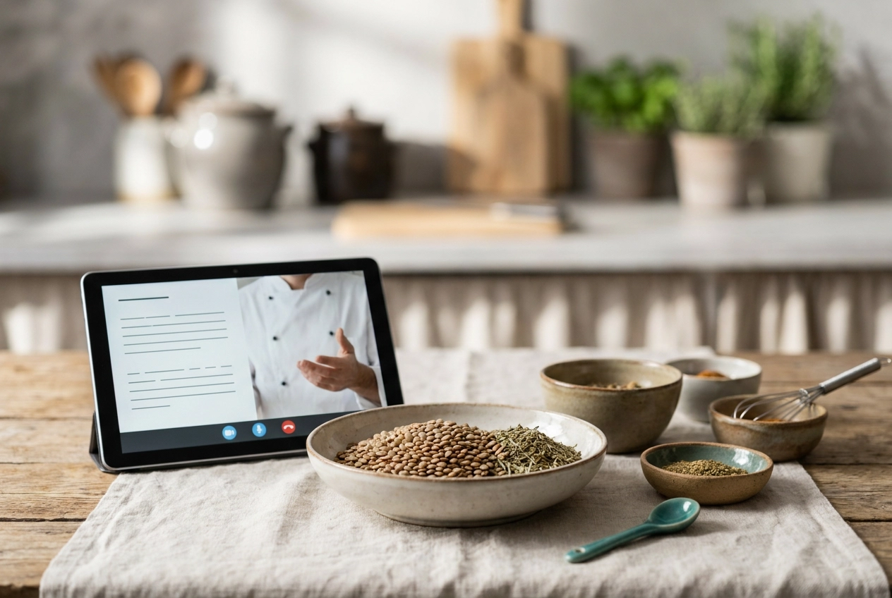 Professional header image for comparison analysis: Online oder Präsenz: Welches Format passt zu Ihrem vegane...